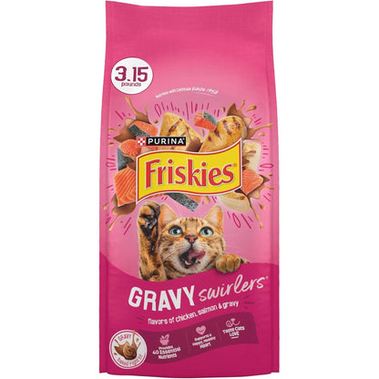 Purina Friskies Gravy Swirlers Dry Cat Food, Chicken & Salmon, 3.15 Lb Bag