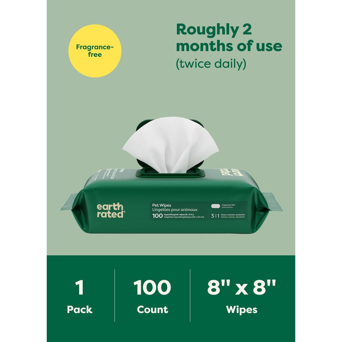 Earth Rated Dog Wipes for Paws & Butt, Deodorizing, Unscented, 100Ct