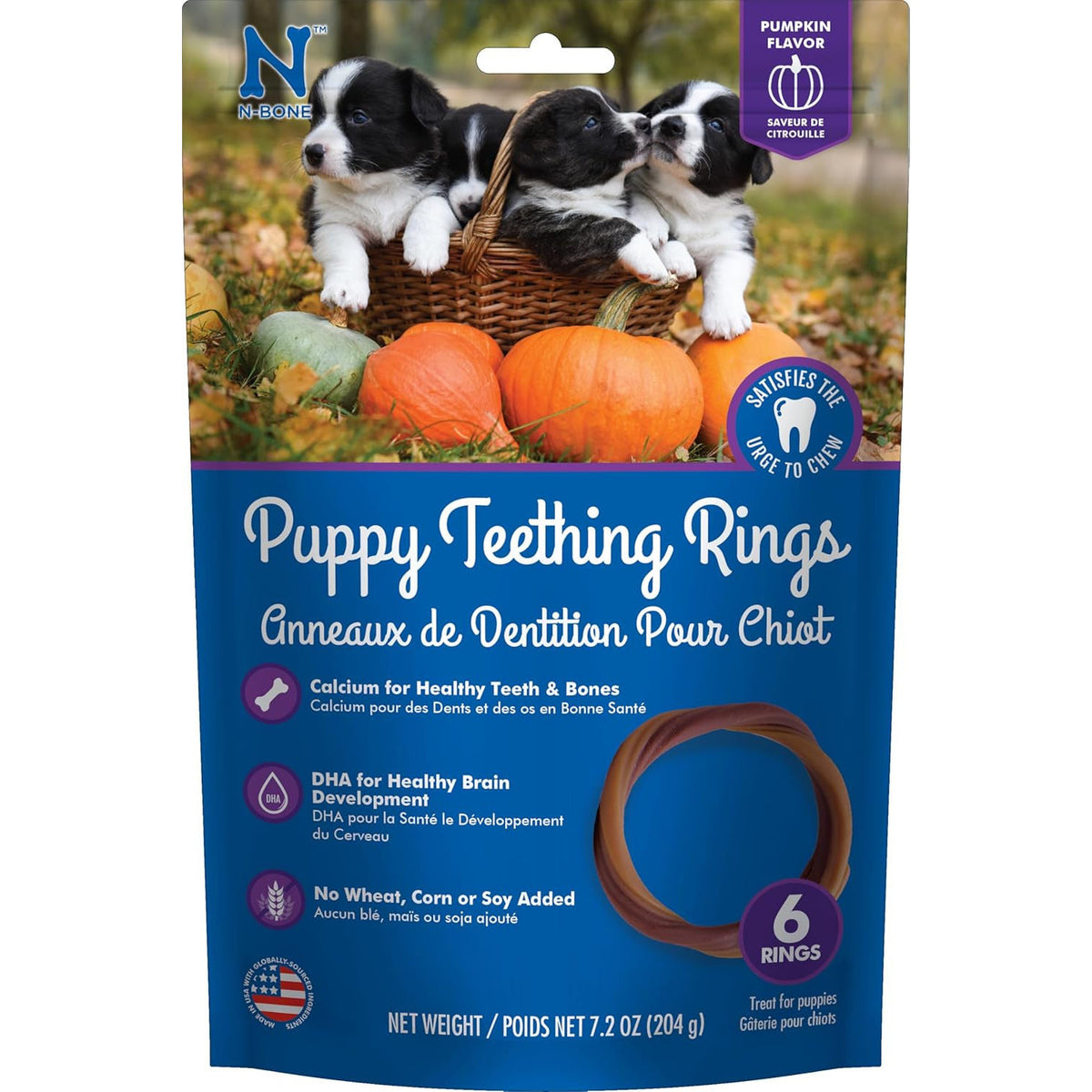 N-Bone Puppy Teething Rings Pumpkin Flavor Natural Teething Chews Gum & Dental Support 6 Rings
