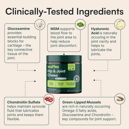 Wuffes Advanced Hip & Joint Chews for Small & Medium Breed Dogs, Vet Recommended, Glucosamine, Chondroitin, MSM, Green-Lipped Mussel & Hyaluronic Acid Supplement, Supports Mobility, 60 Pork Chews