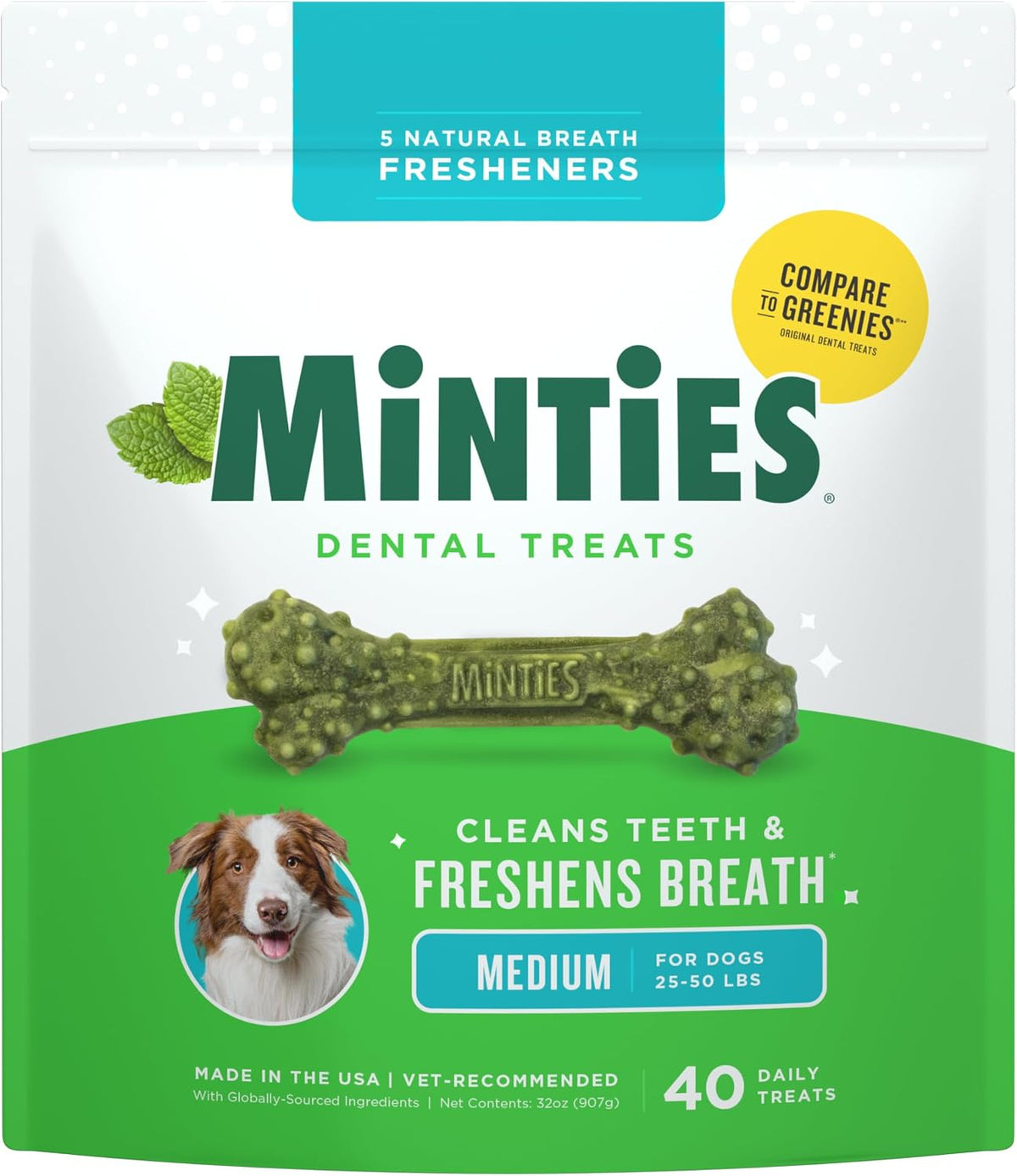 Minties Mint Dental Chews for Dogs, Medium Breeds 25-50 Lbs, 40 Ct