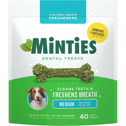 Minties Mint Dental Chews for Dogs, Medium Breeds 25-50 Lbs, 40 Ct