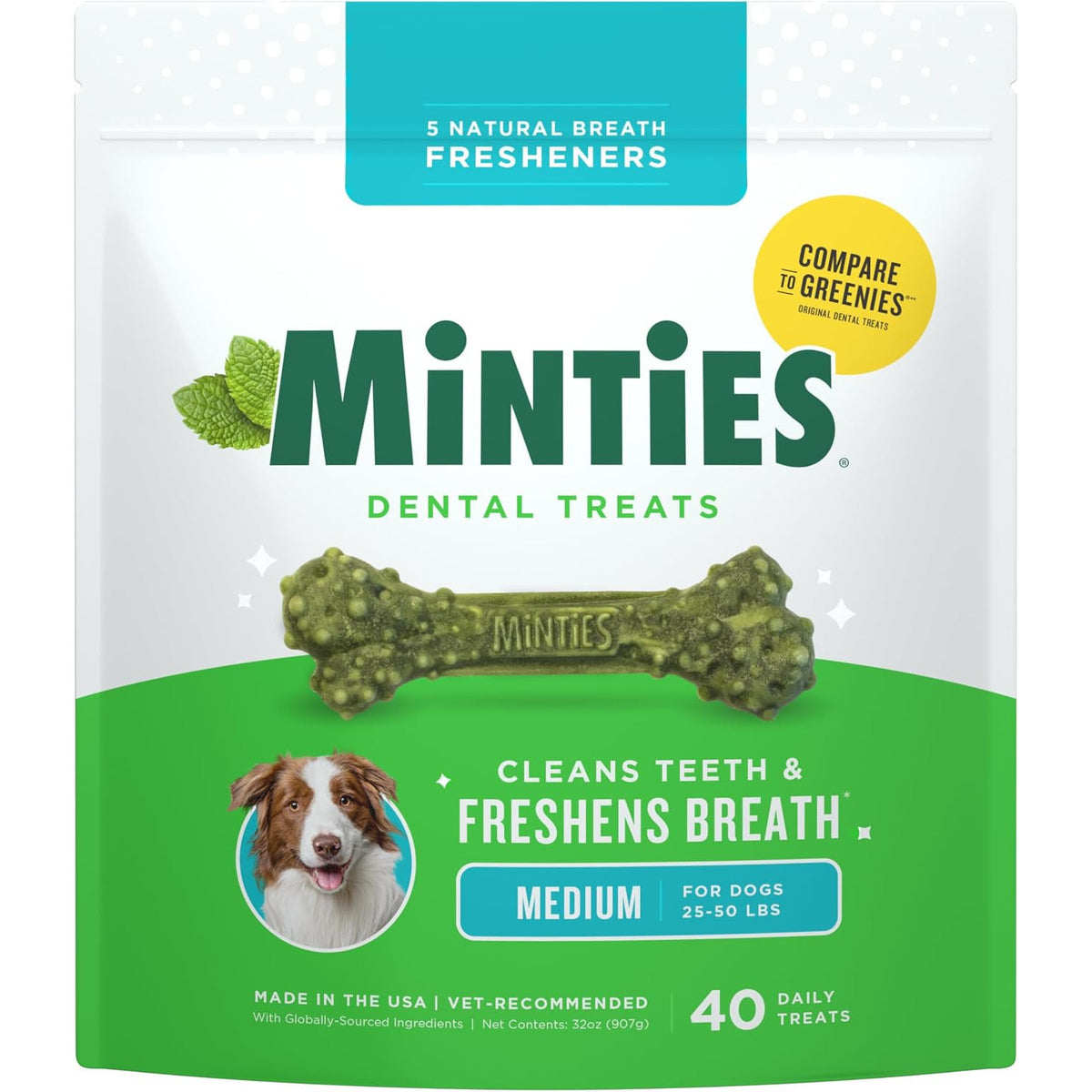 Minties Mint Dental Chews for Dogs, Medium Breeds 25-50 Lbs, 40 Ct