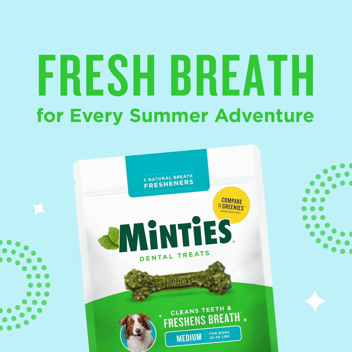Minties Mint Dental Chews for Dogs, Medium Breeds 25-50 Lbs, 40 Ct