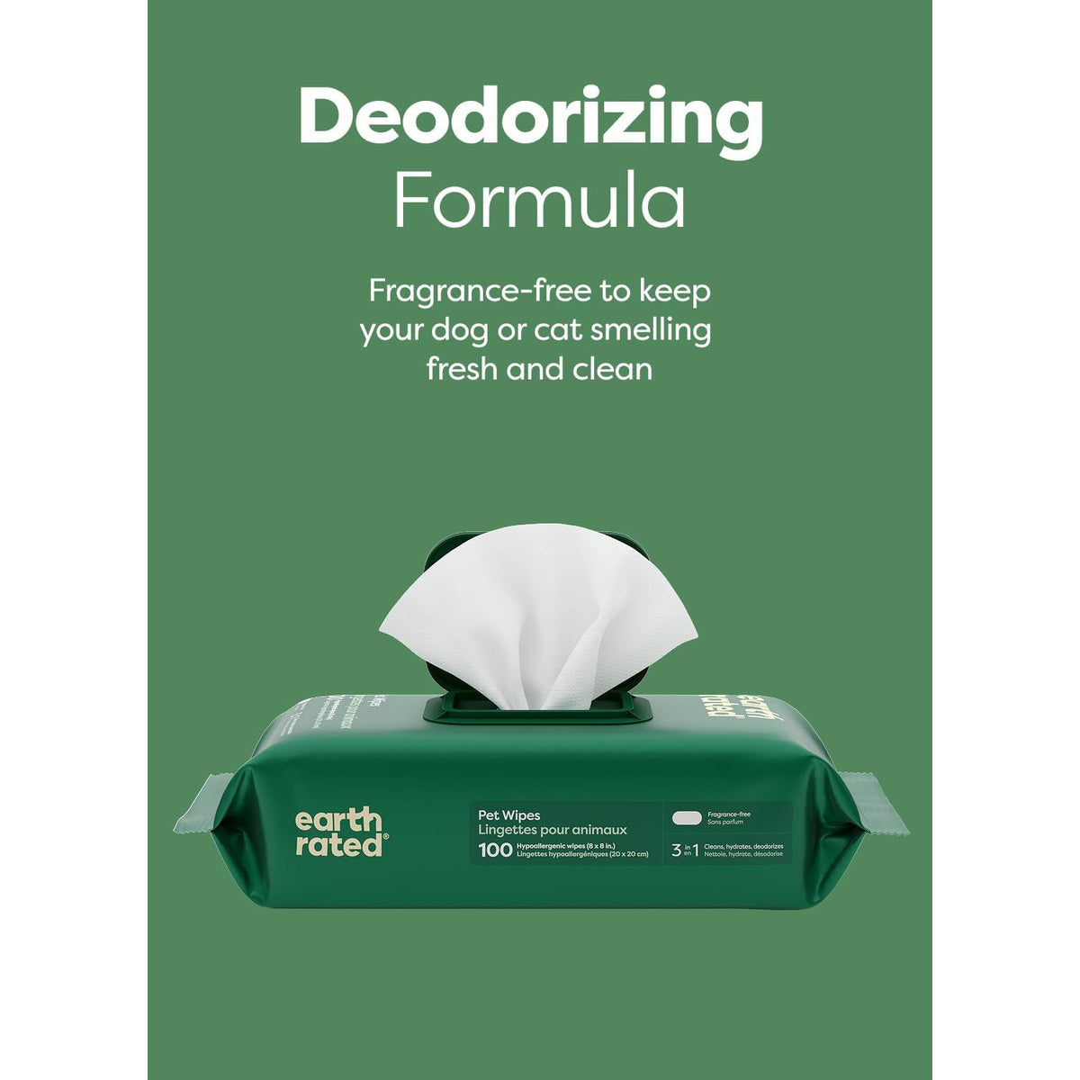 Earth Rated Dog Wipes for Paws & Butt, Deodorizing, Unscented, 100Ct