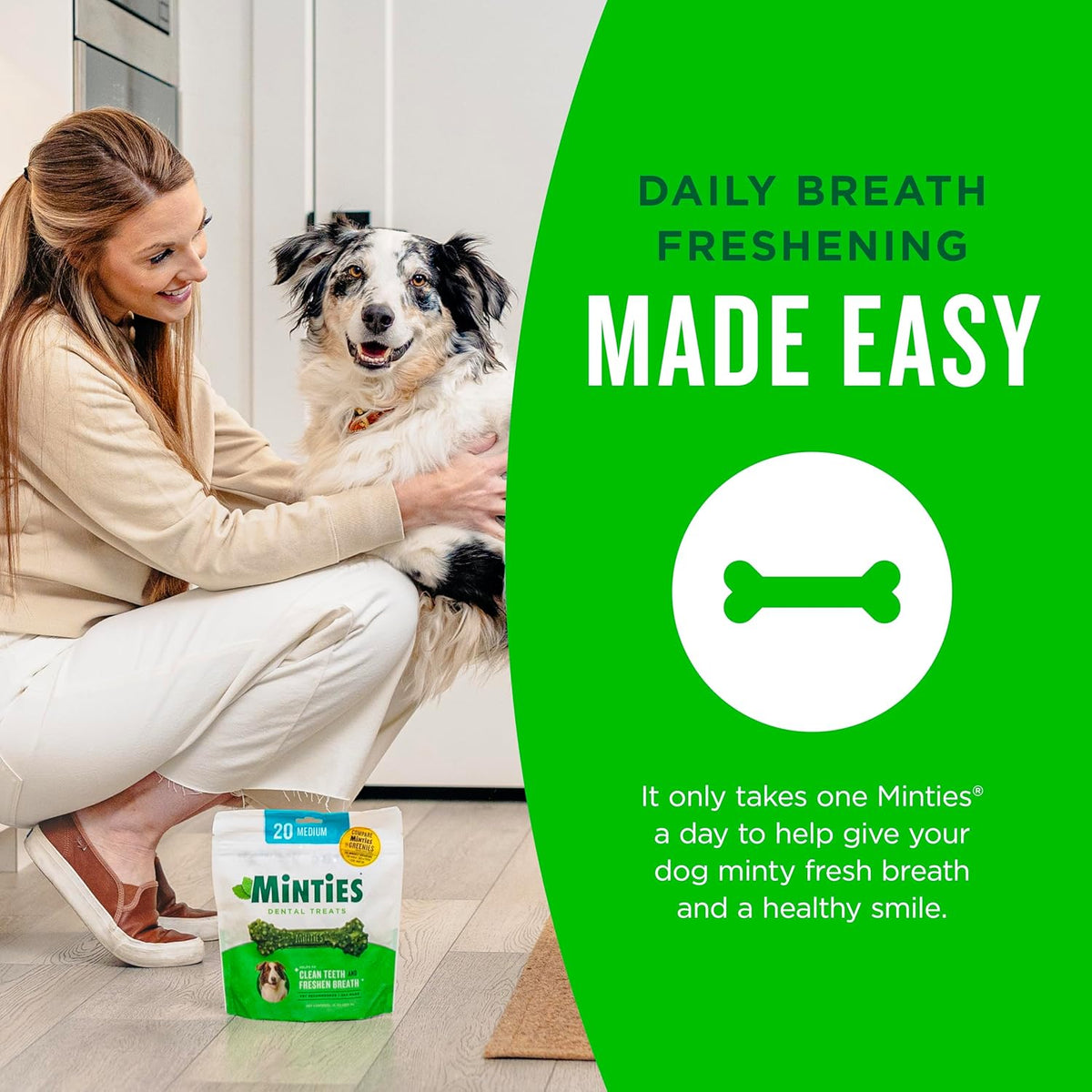 Minties Mint Dental Chews for Dogs, Medium Breeds 25-50 Lbs, 40 Ct