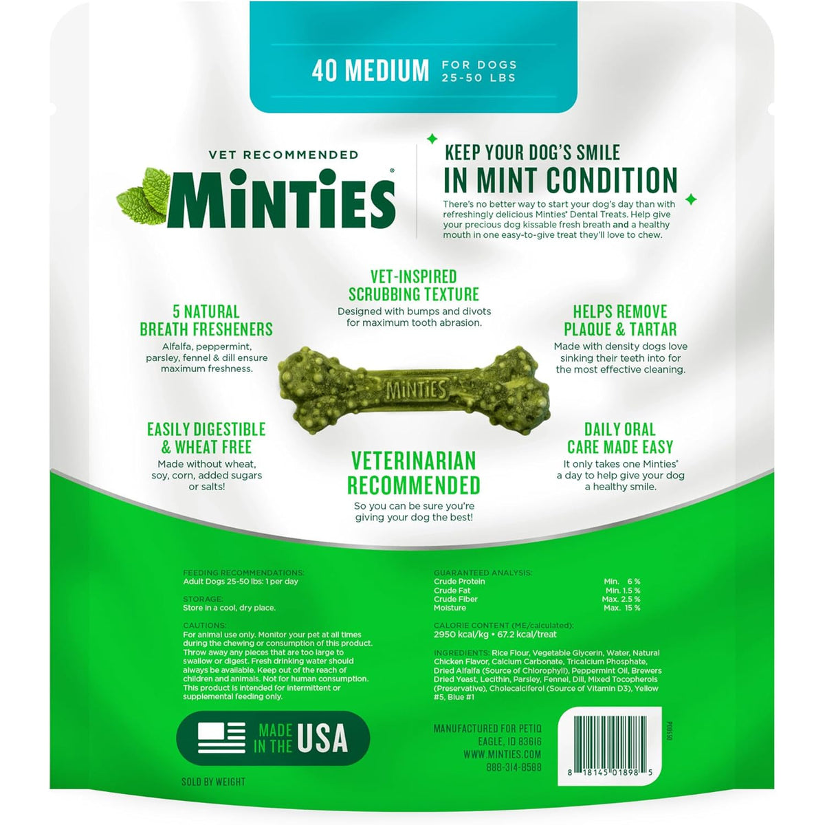 Minties Mint Dental Chews for Dogs, Medium Breeds 25-50 Lbs, 40 Ct
