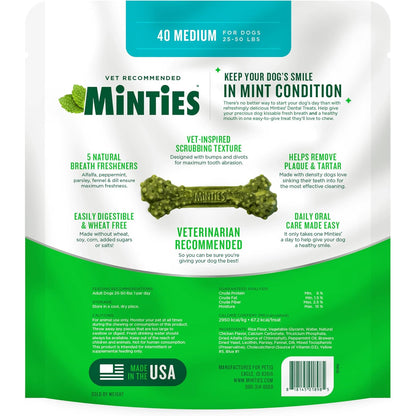 Minties Mint Dental Chews for Dogs, Medium Breeds 25-50 Lbs, 40 Ct