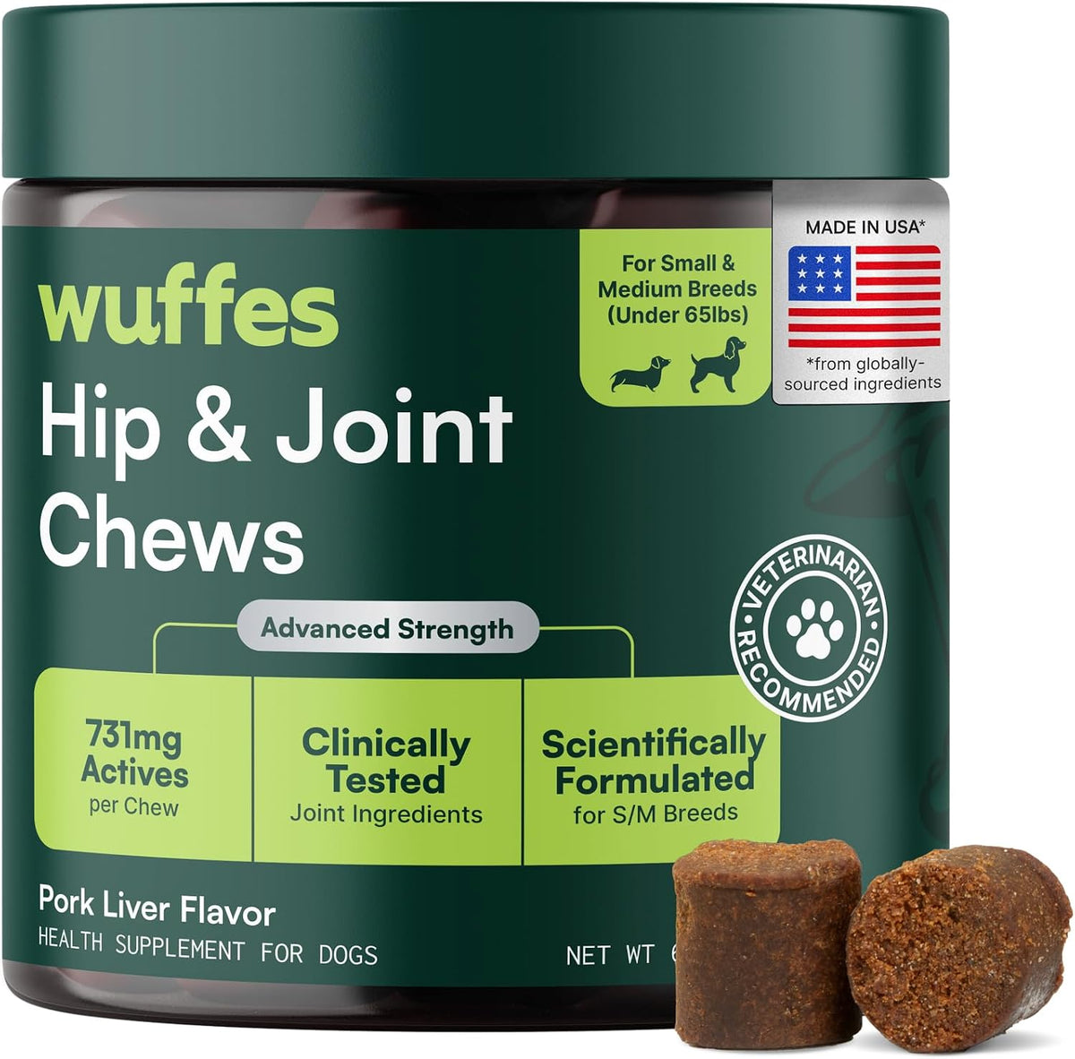 Wuffes Advanced Hip & Joint Chews for Small & Medium Breed Dogs, Vet Recommended, Glucosamine, Chondroitin, MSM, Green-Lipped Mussel & Hyaluronic Acid Supplement, Supports Mobility, 60 Pork Chews