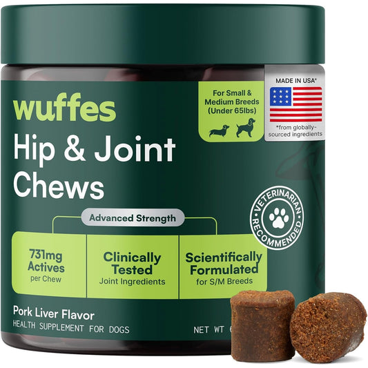 Wuffes Advanced Hip & Joint Chews for Small & Medium Breed Dogs, Vet Recommended, Glucosamine, Chondroitin, MSM, Green-Lipped Mussel & Hyaluronic Acid Supplement, Supports Mobility, 60 Pork Chews