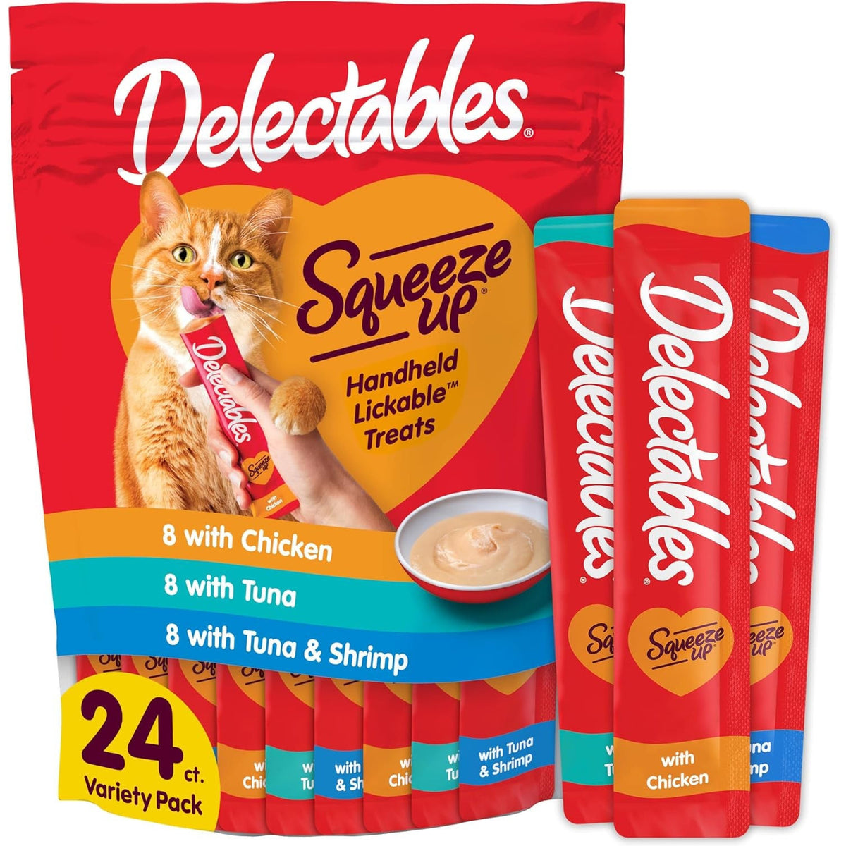 Delectables Squeeze up Variety Pack, Creamy Squeezable Puree, Lickable Wet Cat Treats, Grain Free, No Added Fillers, No By-Products, No Added Preservatives, 0.5 Ounces Tube, 24 Tubes Total