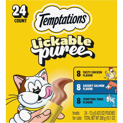 Temptations Creamy Puree Cat Treats, Chicken, Salmon & Tuna, 24 Count