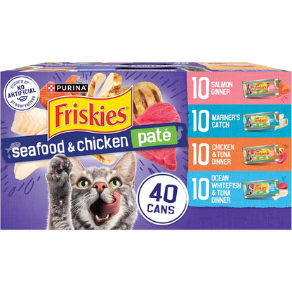 Purina Friskies Pate Wet Cat Food Variety, Seafood & Chicken, (40) 5.5 Oz