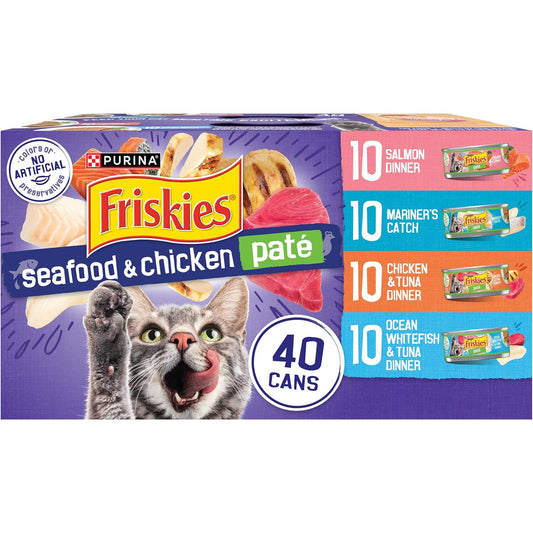 Purina Friskies Pate Wet Cat Food Variety, Seafood & Chicken, (40) 5.5 Oz
