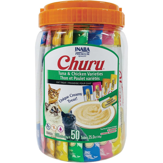INABA Churu Lickable Cat Treats Tuna & Chicken with Taurine & Green Tea Extract 50 Tubes