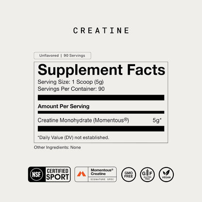 Momentous Creatine Monohydrate Powder, 5G per Serving, Unflavored 90 Servings