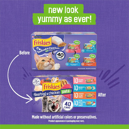 Purina Friskies Pate Wet Cat Food Variety, Seafood & Chicken, (40) 5.5 Oz