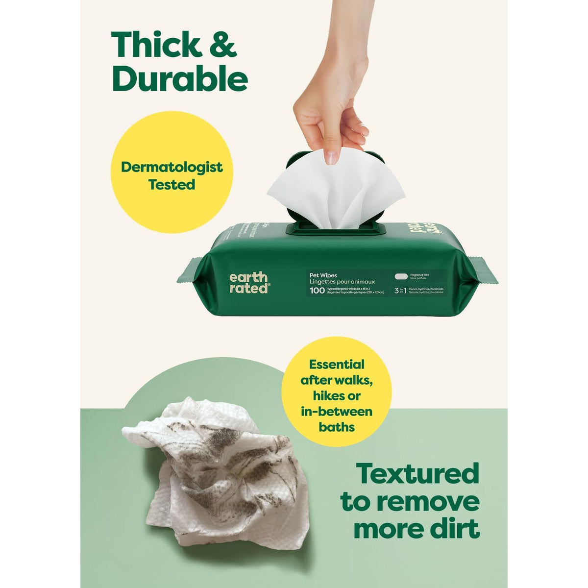 Earth Rated Dog Wipes for Paws & Butt, Deodorizing, Unscented, 100Ct