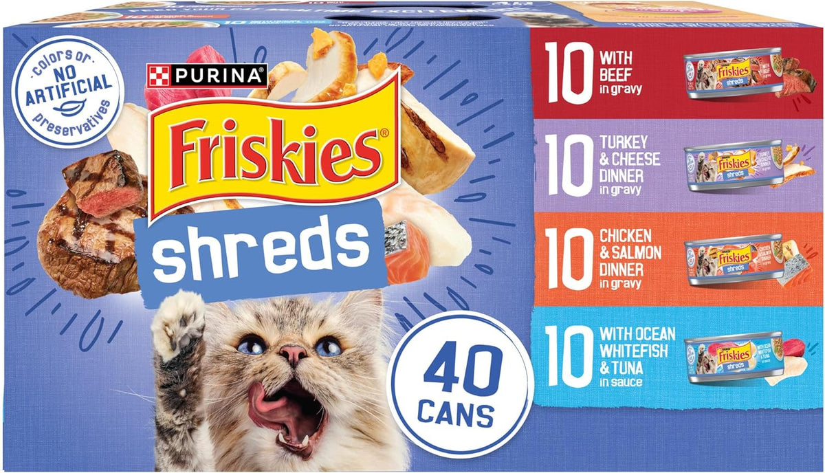 Purina Friskies Wet Cat Food Variety Pack, Shreds, 40 Pack 5.5 Oz Cans