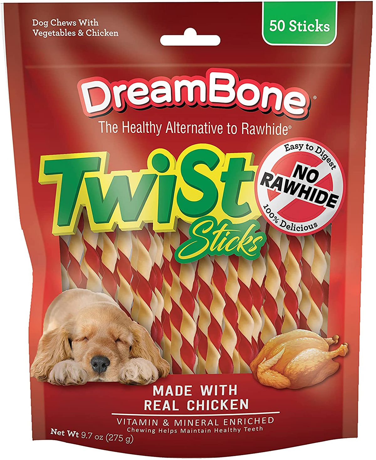 Dreambone Twist Sticks Rawhide-Free Dog Treats with Real Protein, 50 Count