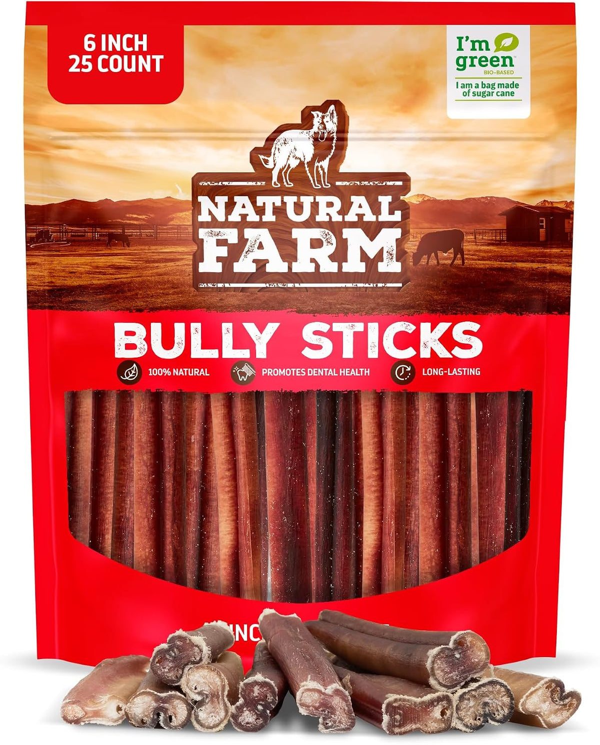 Natural Farm Odor-Free Bully Sticks for All Breeds, 6 Inch, 25 Count
