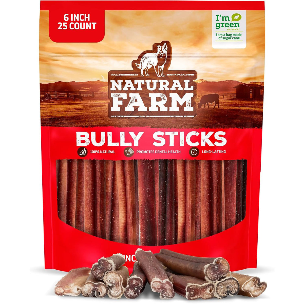 Natural Farm Odor-Free Bully Sticks for All Breeds, 6 Inch, 25 Count