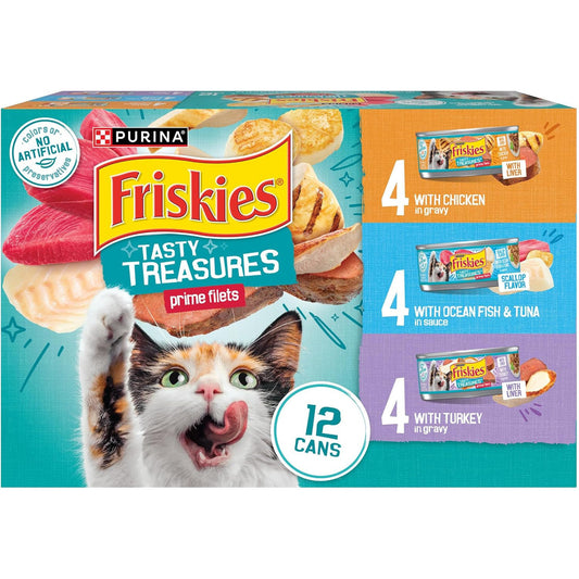 Friskies Purina Tasty Treasures Cat Food, Prime Filets Variety, (12) 5.5 Oz