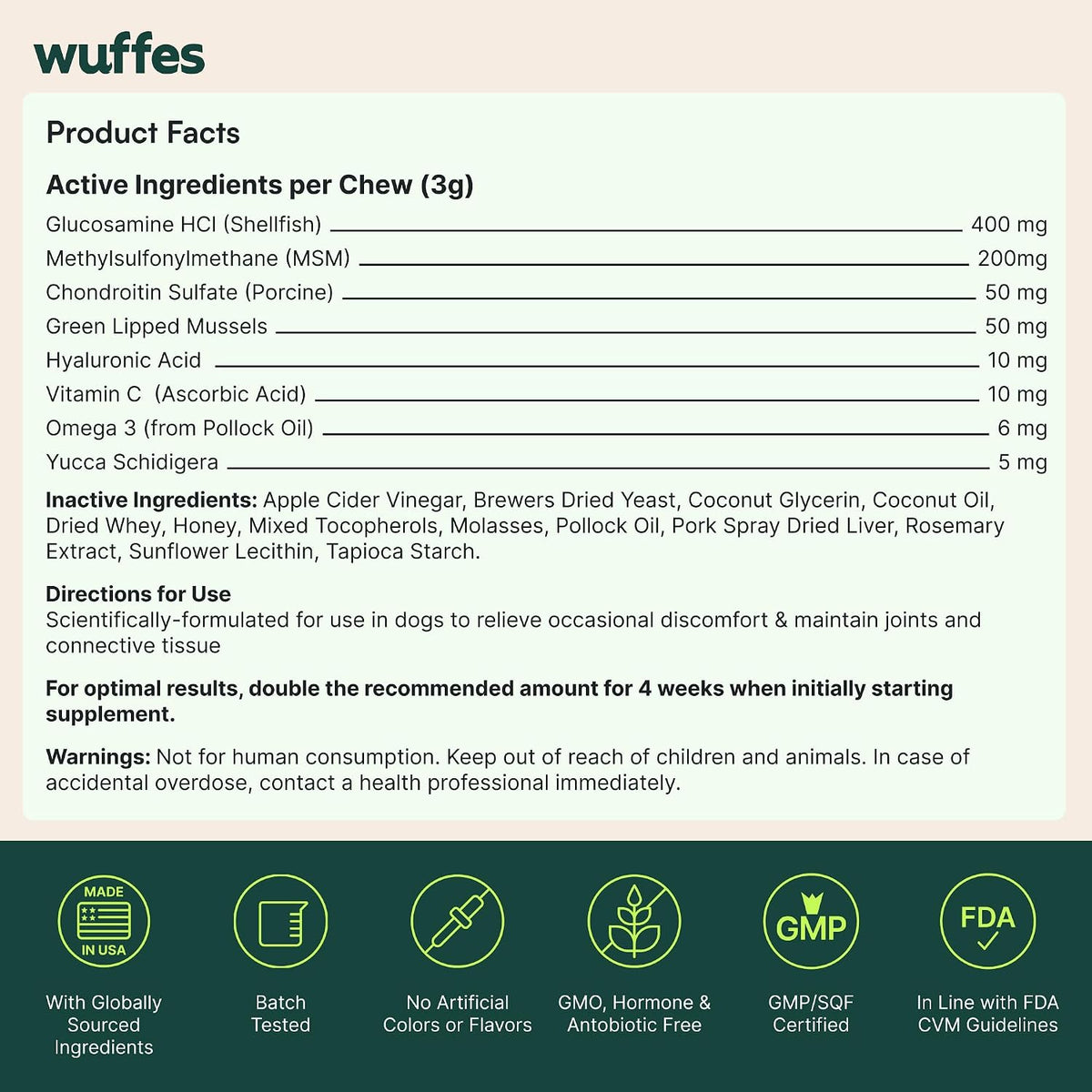 Wuffes Advanced Hip & Joint Chews for Small & Medium Breed Dogs, Vet Recommended, Glucosamine, Chondroitin, MSM, Green-Lipped Mussel & Hyaluronic Acid Supplement, Supports Mobility, 60 Pork Chews