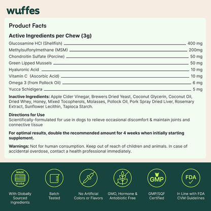 Wuffes Advanced Hip & Joint Chews for Small & Medium Breed Dogs, Vet Recommended, Glucosamine, Chondroitin, MSM, Green-Lipped Mussel & Hyaluronic Acid Supplement, Supports Mobility, 60 Pork Chews